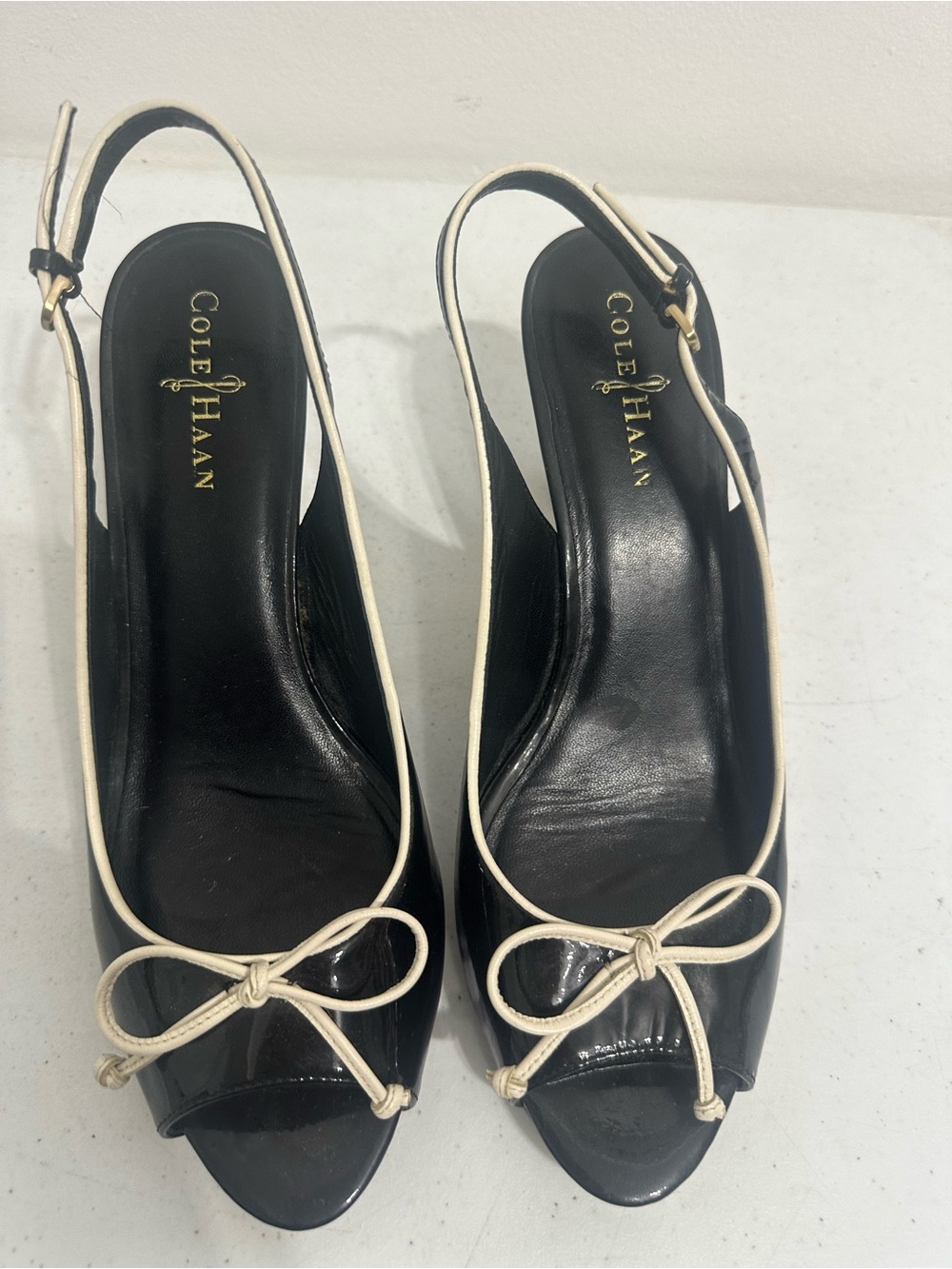 Cole Haan Black Patent Slingback Peep-Toe Heels with Cream Piping and Bow